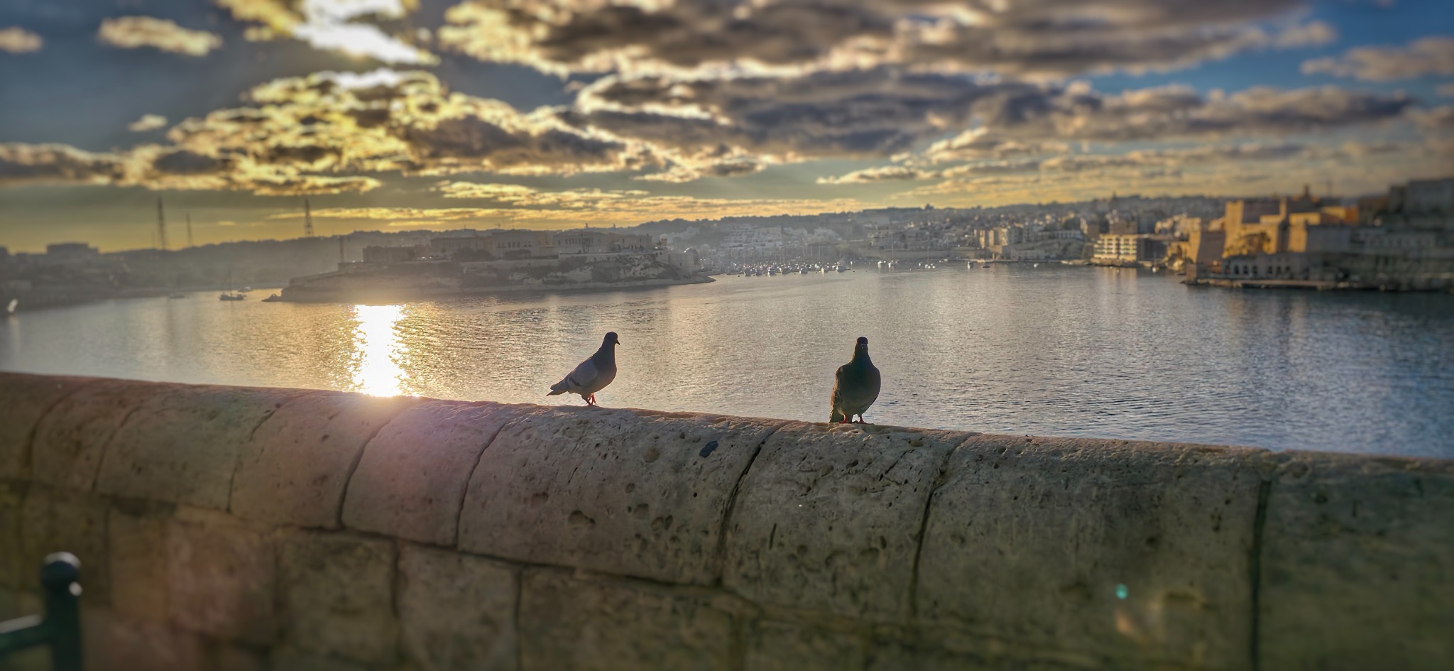 Morning sunlight over the Grand Harbour from Valletta's Lower Barrakka Gardens